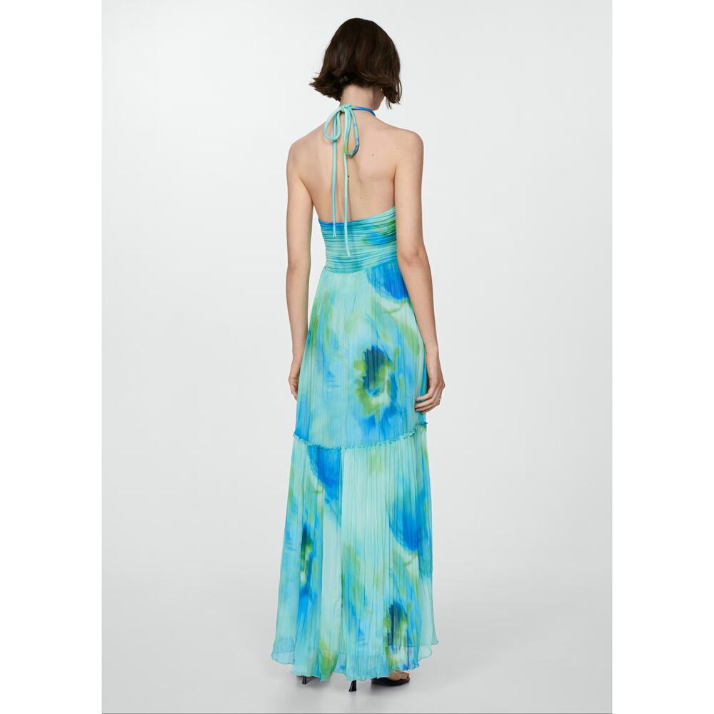 Mango NWT Blue Watercolor Halter Pleated Maxi Dress 6 8 - Picture 15 of 16